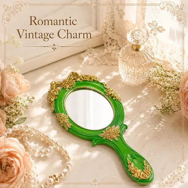 Alt view image 5 of 7 - Handheld Mirror Vanity Makeup Mirror Travel Princess Metal Cosmetic Mirror Portable Oval Embossed Rose Mirrors Decorative Desk Girl Student Vintage Beautiful Handle Mirrors Green