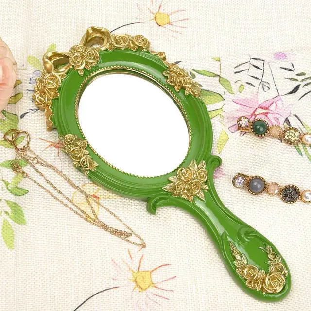 Alt view image 6 of 7 - Handheld Mirror Vanity Makeup Mirror Travel Princess Metal Cosmetic Mirror Portable Oval Embossed Rose Mirrors Decorative Desk Girl Student Vintage Beautiful Handle Mirrors Green
