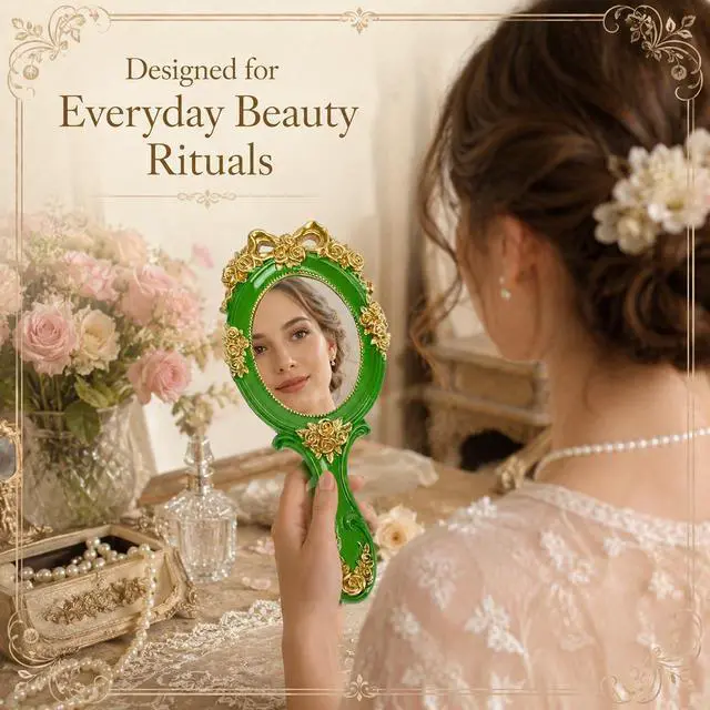 Alt view image 7 of 7 - Handheld Mirror Vanity Makeup Mirror Travel Princess Metal Cosmetic Mirror Portable Oval Embossed Rose Mirrors Decorative Desk Girl Student Vintage Beautiful Handle Mirrors Green