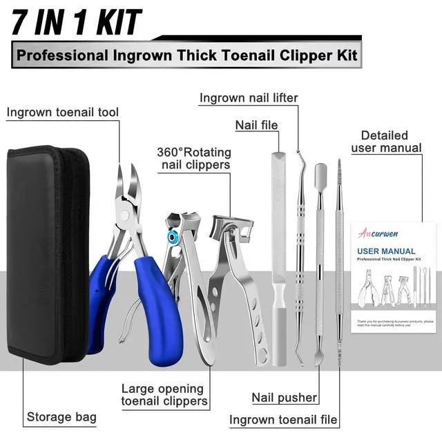 Alt view image 2 of 7 - Toenail Clippers for Seniors Thick Toenails, Aucurwen Heavy Duty Toe Nail Clippers Adult Thick Nails Long Handle, Large Toenail Clippers for Thick Nails 7Pcs(Blue)