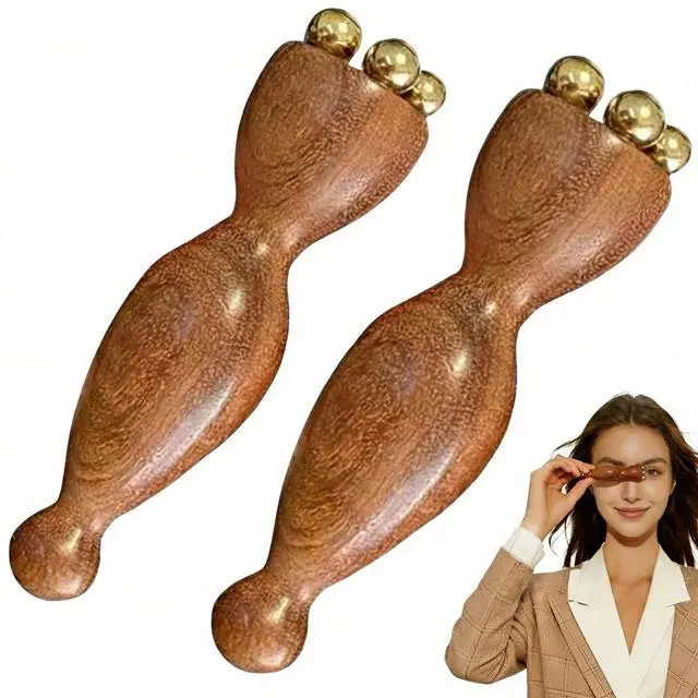 Main image of Facial Massage Tool Set 2pcs Sandalwood Eye Massager with 5 Copper Beads Wooden Facial Massage Tools Gua Sha Eye Massager Tool for Face Acupressure Head Massage Wood Therapy Manual Massage Tool