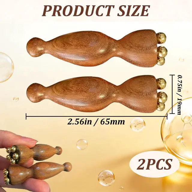 Alt view image 2 of 7 - Facial Massage Tool Set 2pcs Sandalwood Eye Massager with 5 Copper Beads Wooden Facial Massage Tools Gua Sha Eye Massager Tool for Face Acupressure Head Massage Wood Therapy Manual Massage Tool