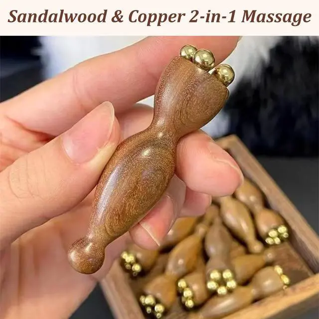 Alt view image 4 of 7 - Facial Massage Tool Set 2pcs Sandalwood Eye Massager with 5 Copper Beads Wooden Facial Massage Tools Gua Sha Eye Massager Tool for Face Acupressure Head Massage Wood Therapy Manual Massage Tool