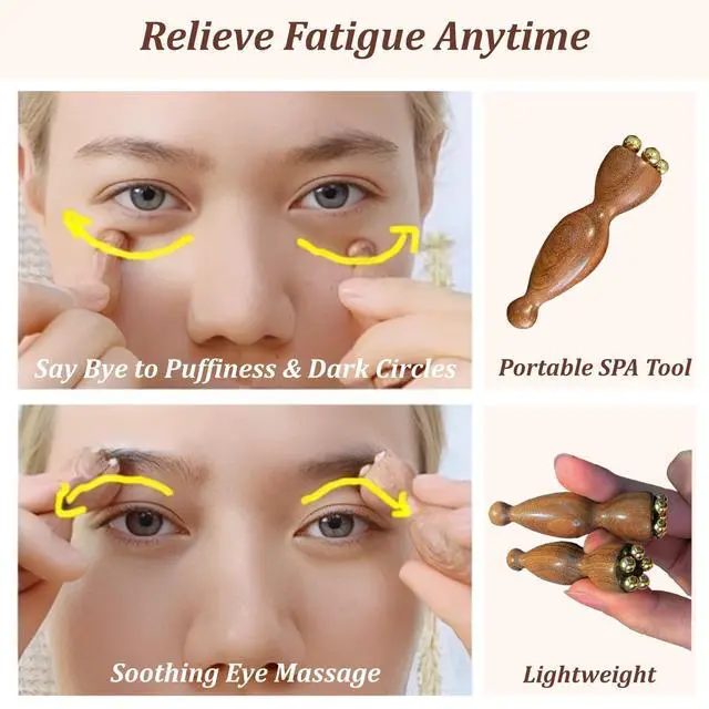 Alt view image 3 of 7 - Facial Massage Tool Set 2pcs Sandalwood Eye Massager with 5 Copper Beads Wooden Facial Massage Tools Gua Sha Eye Massager Tool for Face Acupressure Head Massage Wood Therapy Manual Massage Tool