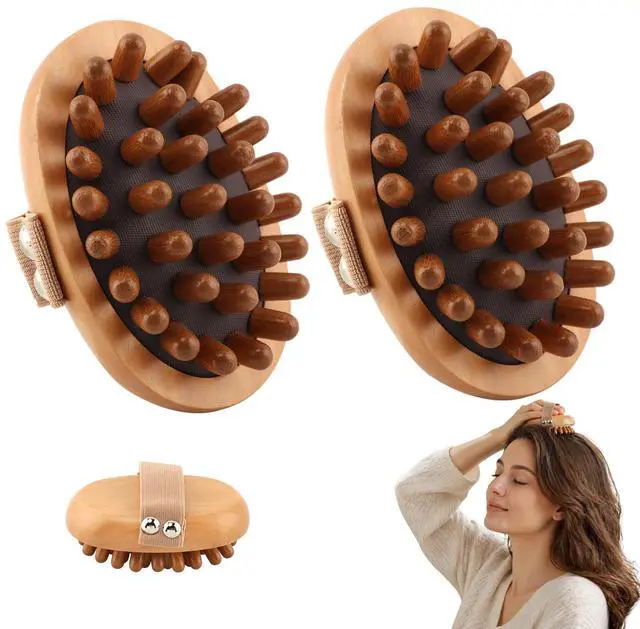 Main image of 2 Pcs Meridian Massage Brush, Wooden Scalp Massage Tool for Muscle Pain Relief, Lymphatic Drainage, Body Shaping & Cellulite Reduction
