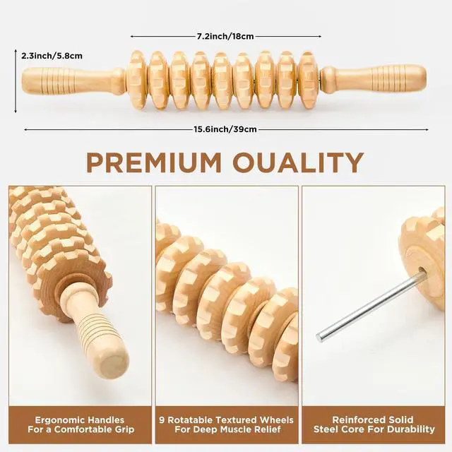Alt view image 2 of 7 - Wooden Cellulite Muscle Roller for Legs and Thighs - Handheld Fascia Blaster Tool for Muscle Relief, Lymphatic Drainage & Body Sculpting - Anti Cellulite Massager for Women and Men (9 Wheel)