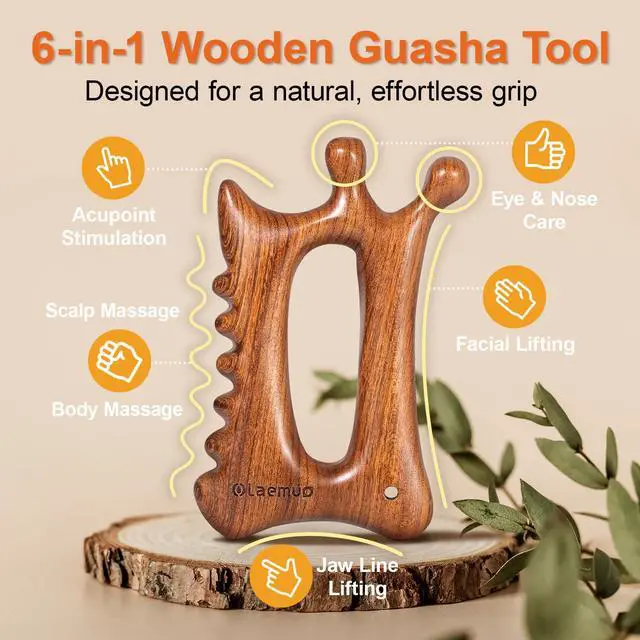Alt view image 2 of 7 - Wooden Gua Sha Tool for Face&Body - 6 in 1 Facial Massager for Lymphatic Drainage - Guasha Body Sculpting Tools Therapy Massage Tool for Cellulite,Jaw Lifting,Muscle Relief - Skin Care Gifts