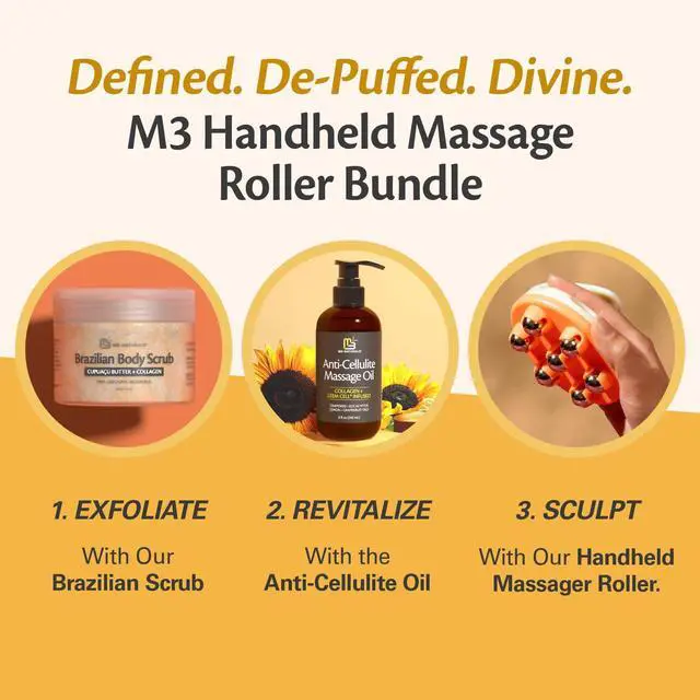 Alt view image 6 of 7 - Lymphatic Drainage Massager with Cooling Steel Rollers for Body Sculpting, Cellulite & Sore Muscles, Grip-Friendly with Ergonomic Design for Arms, Thighs, Glutes and Stomach by M3 Orange
