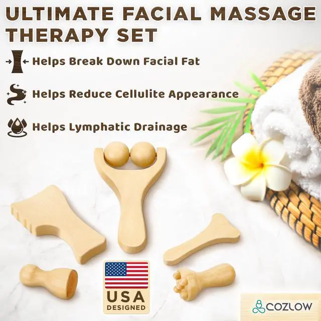 Alt view image 2 of 7 - Gua Sha Facial Massage Tools (5 Piece Set), Wooden Face Massage Therapy Kit for Face Lifting, Lymphatic Drainage, Skin Care & Anti-Aging