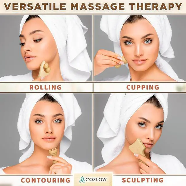 Alt view image 4 of 7 - Gua Sha Facial Massage Tools (5 Piece Set), Wooden Face Massage Therapy Kit for Face Lifting, Lymphatic Drainage, Skin Care & Anti-Aging