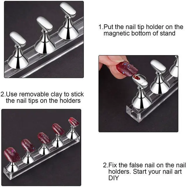 Alt view image 3 of 7 - 2 Sets Nail Stand Press on Nail Holder Magnetic Fake Nails Holder Acrylic Nails Display Practice for Painting Art for False Fingernail Manicure Tool Home DIY Salon Supplies(Silver)