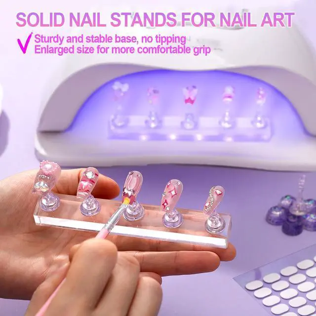 Alt view image 2 of 7 - 2 Nail Stand for Press Ons, Fake Nail Holder for Painting Nails, Upgrade Solid Acrylic Nail Stands Nail Magnets for Nail Art Design, Flower Nail Holder for Nail Practice Display Supplies W/ Glue Tips