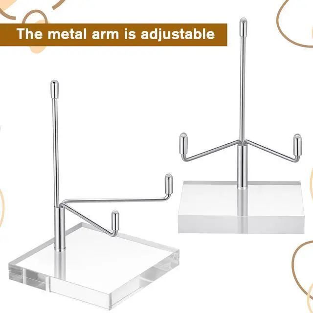 Alt view image 3 of 7 - Acrylic Display Stand Clear Base Decorative Picture Plate Stand Small Easel Rock Crystal Collectibles Holder with Adjustable Metal Arms for Displaying Mineral Fossil Coral