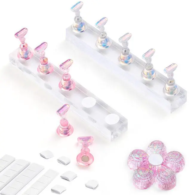 Main image of Nail Stand Acrylic Nail Art Display Stand Practice Nail Holder for Painting Nails Magnetic Practice Stands with Reusable Putty (Pink Clear)