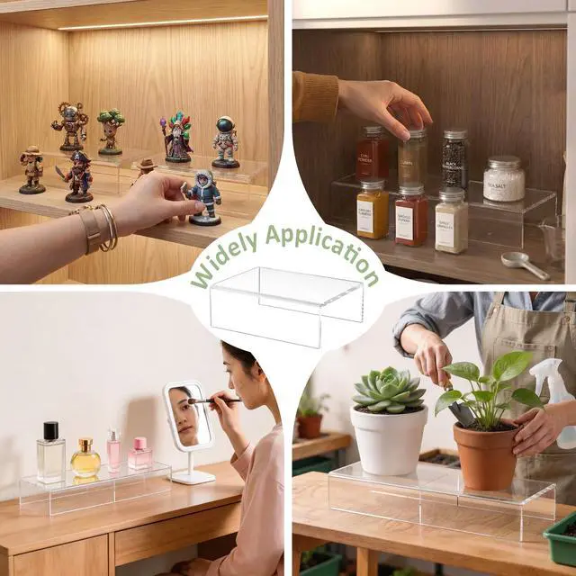 Alt view image 6 of 6 - Acrylic Shelf Riser 6x4.3x2 pack of 2, Clear Display Shelf 6 for Figure, Cosmetics, Bags, Shoes, Toys, Collectibles, 6x4.3x2 Inch