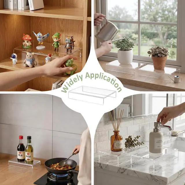 Alt view image 6 of 6 - Acrylic Shelf Riser 6x3.9x1 pack of 2, Countertop Acrylic Display Storage Organizer for Shoes, Glasses, Plants, Home Decors, Perfume, Books, Dolls, 6x3.9x1 Inch