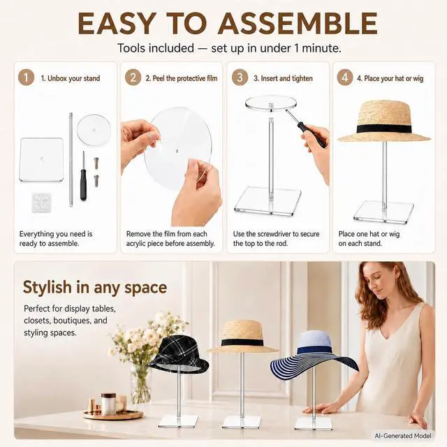 Alt view image 5 of 7 - Clear Acrylic Hat Display Stand and Wig Stand, Hat Holder, Multi-Use Stand