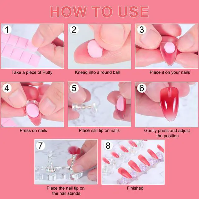 Alt view image 7 of 7 - Magnetic Fake Nail Holder set, Magnetic Nail Stand Acrylic Nail Art Display Stand with Pink 2-Row 30-Piece Nail Putty for Home DIY Salon Supplies (Pink)