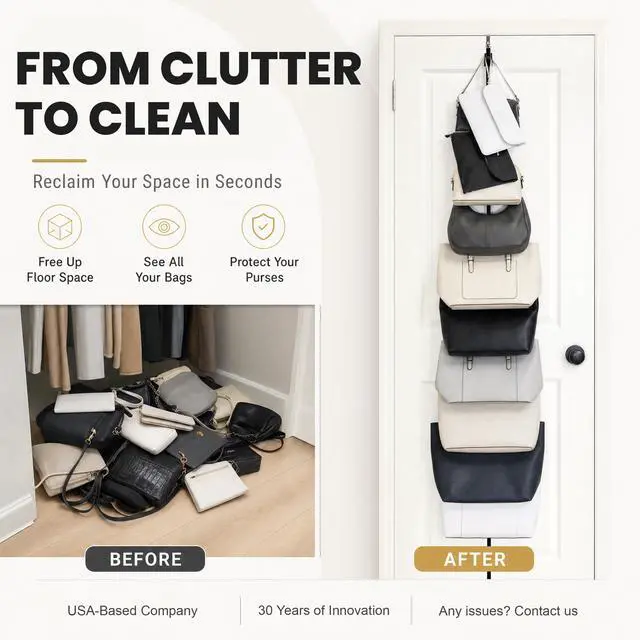Alt view image 2 of 7 - Handbag and Purse Organizer | Hold up to 9 Bags | Over the Door Organizer | Adjustable Clips | 1 Strap | Black