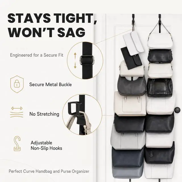 Alt view image 3 of 7 - Handbag and Purse Organizer | Hold up to 9 Bags | Over the Door Organizer | Adjustable Clips | 1 Strap | Black