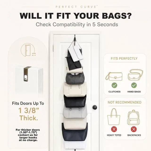 Alt view image 4 of 7 - Handbag and Purse Organizer | Hold up to 9 Bags | Over the Door Organizer | Adjustable Clips | 1 Strap | Black