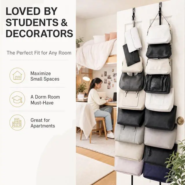 Alt view image 5 of 7 - Handbag and Purse Organizer | Hold up to 9 Bags | Over the Door Organizer | Adjustable Clips | 1 Strap | Black
