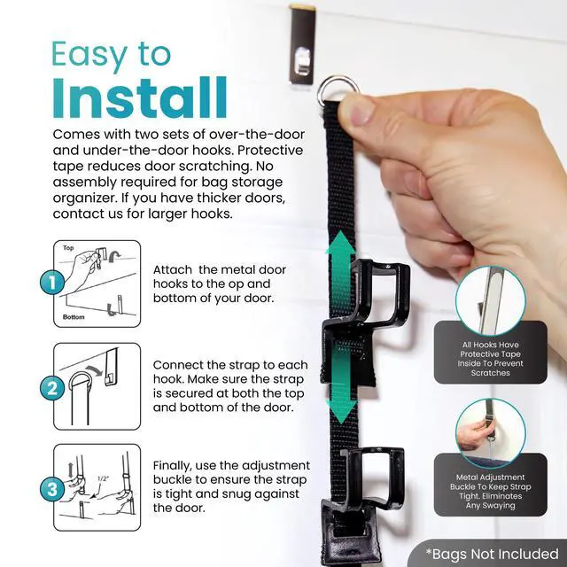 Alt view image 6 of 7 - Handbag and Purse Organizer | Hold up to 9 Bags | Over the Door Organizer | Adjustable Clips | 1 Strap | Black
