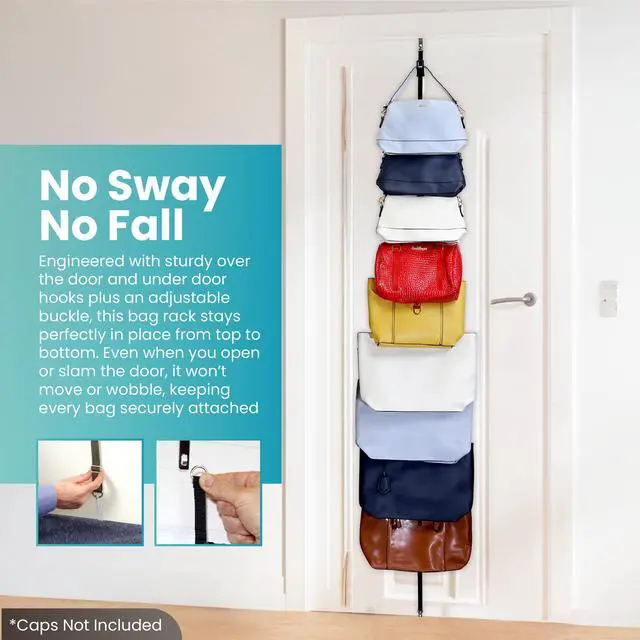 Alt view image 7 of 7 - Handbag and Purse Organizer | Hold up to 9 Bags | Over the Door Organizer | Adjustable Clips | 1 Strap | Black