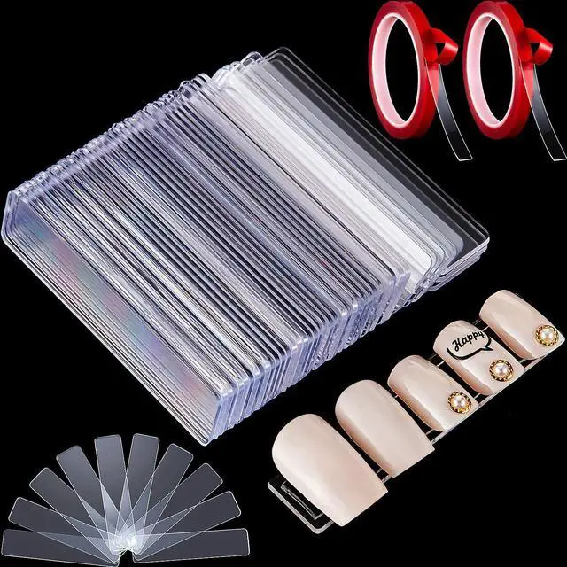 Main image of 100 Pieces Transparent Nail Stand Nail Display Stand Holder Nail Boxes Packaging for Press On Nail Art Fake Nail Tips Practice Holder with 2 Rolls Double Sided Tapes for Nail Salon Home Office Supply