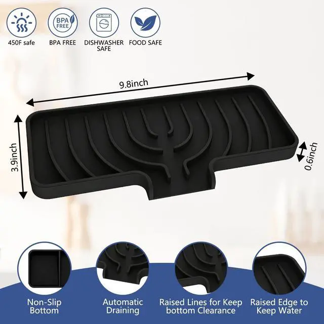 Alt view image 2 of 7 - Silicone Sponge Holder for Kitchen Sink With Drain Spout, Self Draining, Kitchen Soap Tray, Bathroom Organizer, Sink Caddy (Black, 10×4)
