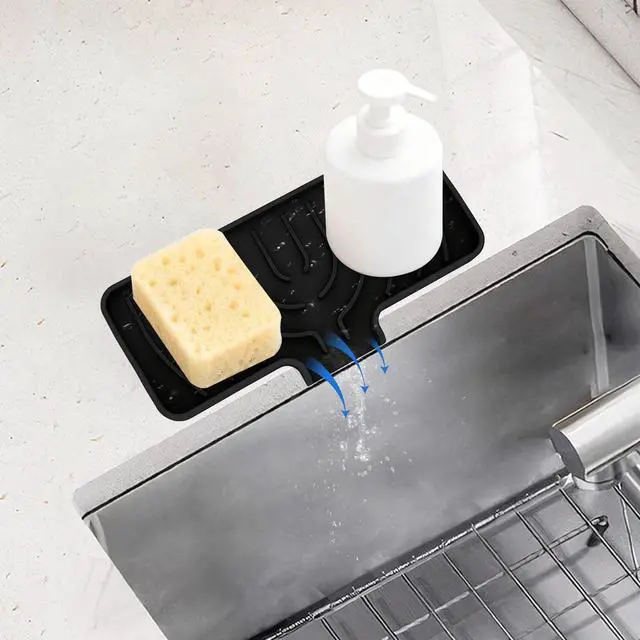 Alt view image 6 of 7 - Silicone Sponge Holder for Kitchen Sink With Drain Spout, Self Draining, Kitchen Soap Tray, Bathroom Organizer, Sink Caddy (Black, 10×4)