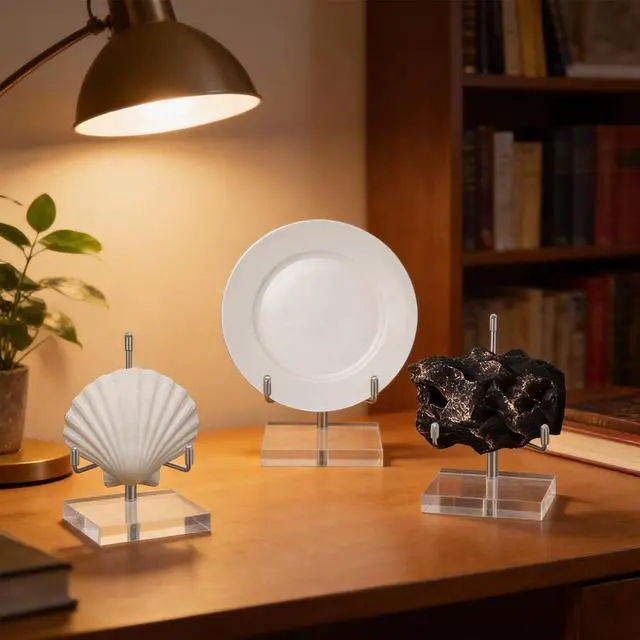 Alt view image 5 of 7 - Acrylic Display Stand Clear Base Decorative Picture Plate Stand Small Easel Rock Crystal Collectibles Holder with Adjustable Metal Arms for Displaying Mineral Fossil Coral