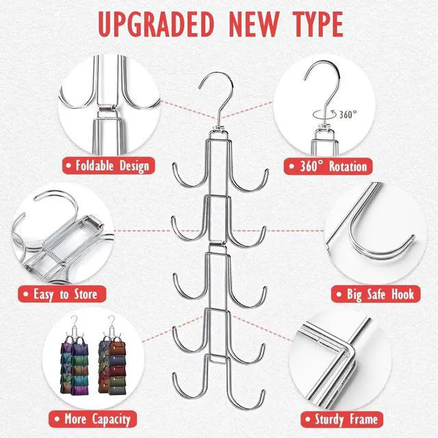 Alt view image 3 of 7 - Handbags Purse Organizer for Closet: Bag Rack Hanger with 10 Big Hooks - 360° Rotation Purse Hanger for Display - Collapsible Space Saving for Handbag Belt Scarve Tie - 1 Pack Silver