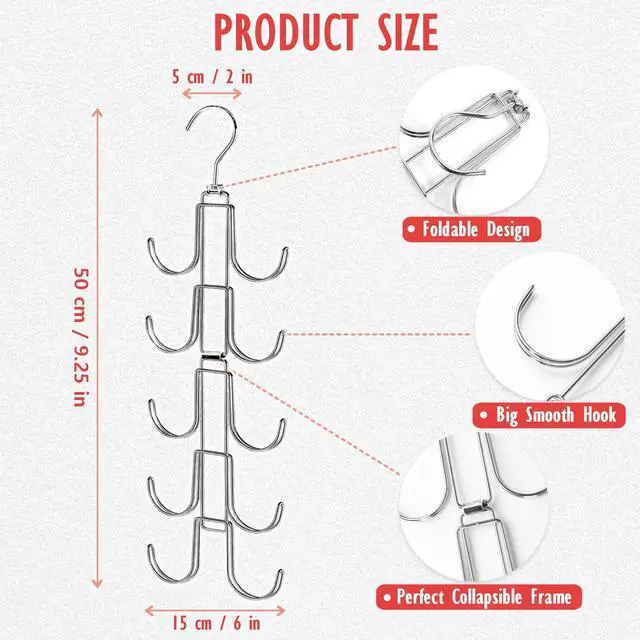 Alt view image 2 of 7 - Handbags Purse Organizer for Closet: Bag Rack Hanger with 10 Big Hooks - 360° Rotation Purse Hanger for Display - Collapsible Space Saving for Handbag Belt Scarve Tie - 1 Pack Silver