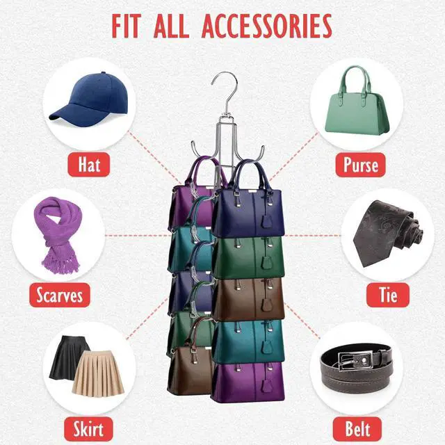 Alt view image 4 of 7 - Handbags Purse Organizer for Closet: Bag Rack Hanger with 10 Big Hooks - 360° Rotation Purse Hanger for Display - Collapsible Space Saving for Handbag Belt Scarve Tie - 1 Pack Silver