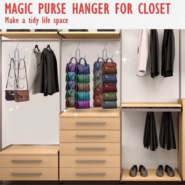 Alt view image 7 of 7 - Handbags Purse Organizer for Closet: Bag Rack Hanger with 10 Big Hooks - 360° Rotation Purse Hanger for Display - Collapsible Space Saving for Handbag Belt Scarve Tie - 1 Pack Silver