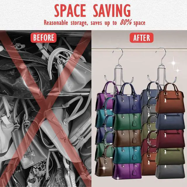 Alt view image 6 of 7 - Handbags Purse Organizer for Closet: Bag Rack Hanger with 10 Big Hooks - 360° Rotation Purse Hanger for Display - Collapsible Space Saving for Handbag Belt Scarve Tie - 1 Pack Silver