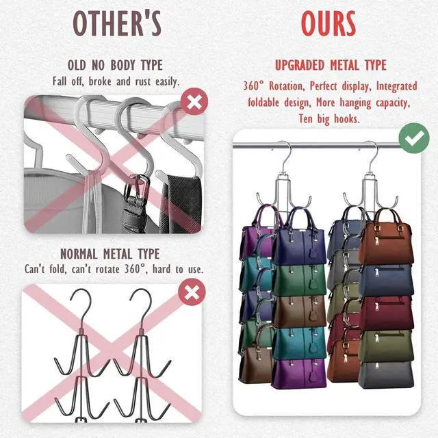 Alt view image 5 of 7 - Handbags Purse Organizer for Closet: Bag Rack Hanger with 10 Big Hooks - 360° Rotation Purse Hanger for Display - Collapsible Space Saving for Handbag Belt Scarve Tie - 1 Pack Silver