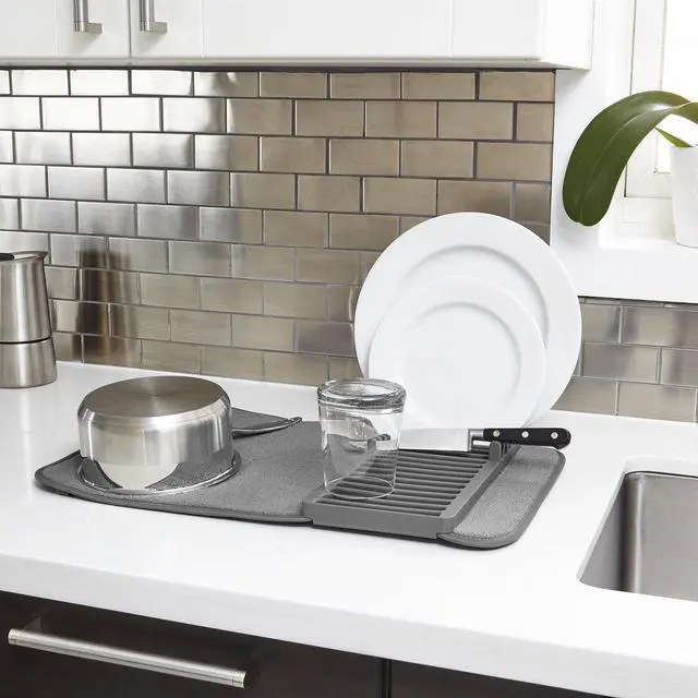 Alt view image 2 of 7 - Udry Dish Rack and Microfiber Drying Mat Space-Saving Design Folds Up for Easy Storage, Mini Rack, Gray