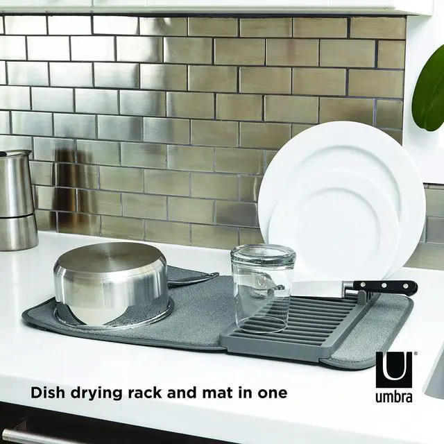 Alt view image 6 of 7 - Udry Dish Rack and Microfiber Drying Mat Space-Saving Design Folds Up for Easy Storage, Mini Rack, Gray