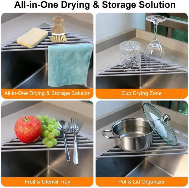 Alt view image 5 of 6 - Triangle Roll Up Dish Drying Rack for Sink Corner, Silicone Wrapped Sponge Holder for Kitchen Sink Caddy Organizer Multipurpose Corner Shelf Drainer Mat for RV Kitchen Sink Accessories Counter Storage