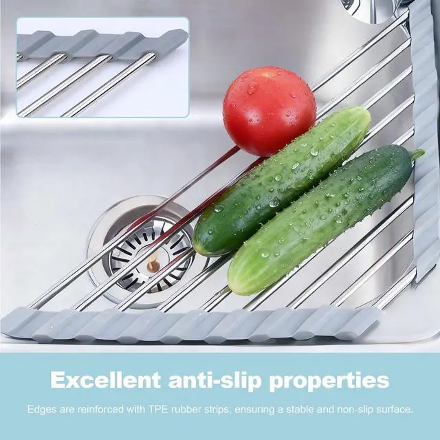 Alt view image 4 of 6 - Triangle Dish Drying Rack, Corner Sink Caddy, Over The Sink Corner Drainer with Sponge Holder | Foldable, Non-Slip Stainless Steel for Kitchen Sink | Space Saving Design