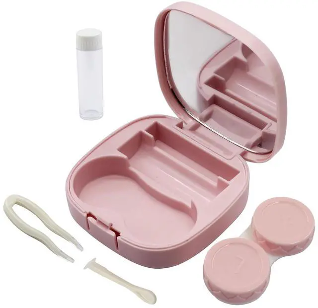 Main image of Contact Lens Case Travel Kit with Mirror and Remover Tool, Leakproof Portable Solution Bottle and Tweezers, Essential Eye Care Set for Daily Use (Pink)