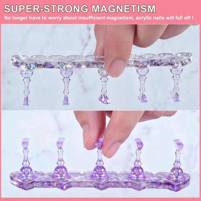 Alt view image 2 of 7 - Magnetic Fake Nail Holder set, Magnetic Nail Stand Acrylic Nail Art Display Stand with Pink 2-Row 30-Piece Nail Putty for Home DIY Salon Supplies (Pink)