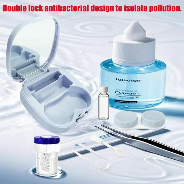 Alt view image 2 of 7 - Contact Lens Case Kit with Cleaner Washer, Contact Lenses Applicator Removal Tool Kit with Mirror Solution Bottle for Daily and Outdoor Use(Blue)