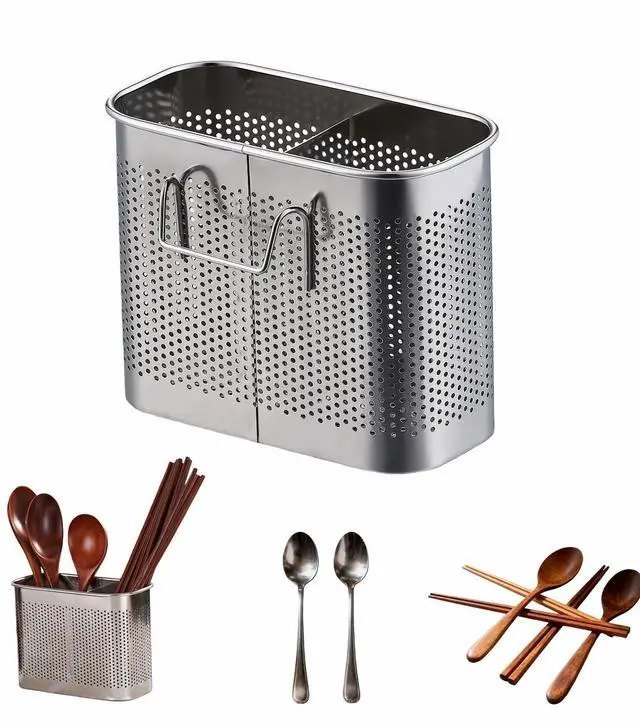 Main image of 304 Stainless Steel Utensil Drainer, 2-Tier Silverware Drying Rack with Hooks, Anti-Rust Kitchen Sink Organizer & Cutlery Holder for Dishwasher, Countertop Space-Saving Storage, Brushed Finish