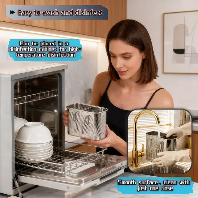 Alt view image 5 of 7 - 304 Stainless Steel Utensil Drainer, 2-Tier Silverware Drying Rack with Hooks, Anti-Rust Kitchen Sink Organizer & Cutlery Holder for Dishwasher, Countertop Space-Saving Storage, Brushed Finish