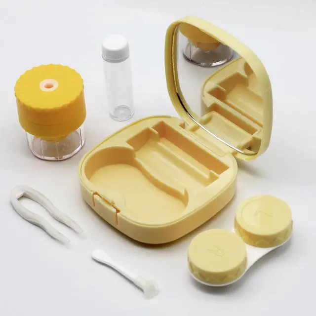 Alt view image 2 of 6 - Contact Lens Case with Cleaner Washer, Travel Size Cute Colored Contact Lenses Applicator Removal Tool Kit with Mirror Solution Bottle for Daily Outdoor (Yellow)