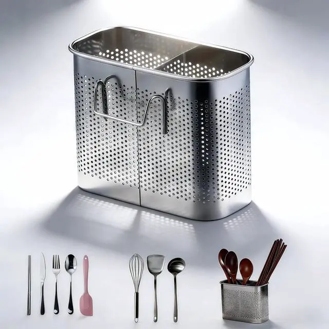 Main image of Stainless Steel Kitchen Utensil Holder with Hooks, 2-Tier Stainless Steel 304 Utensil Holder,Rustproof Heavy Duty Dish Drainer for Kitchen Sink Countertop,5.51x4.33x2.76 Inch