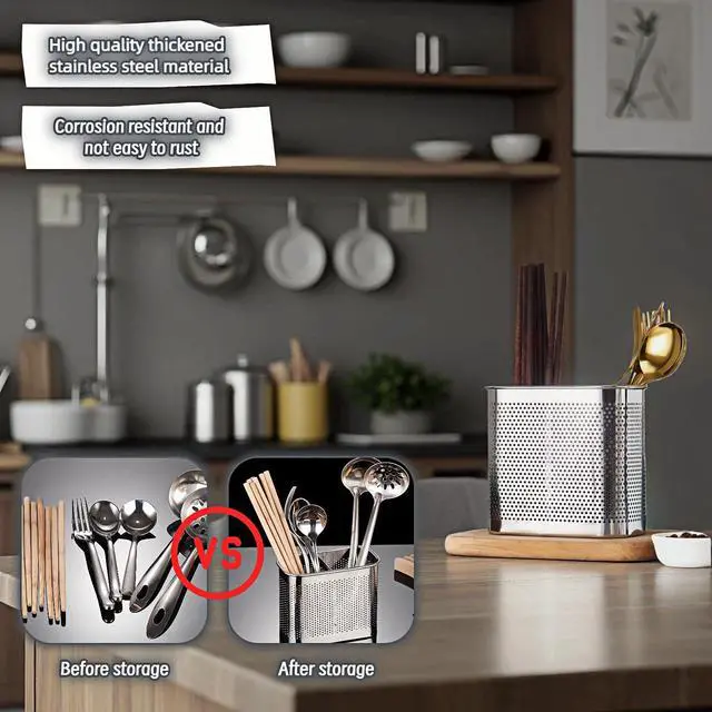 Alt view image 3 of 7 - Stainless Steel Kitchen Utensil Holder with Hooks, 2-Tier Stainless Steel 304 Utensil Holder,Rustproof Heavy Duty Dish Drainer for Kitchen Sink Countertop,5.51x4.33x2.76 Inch